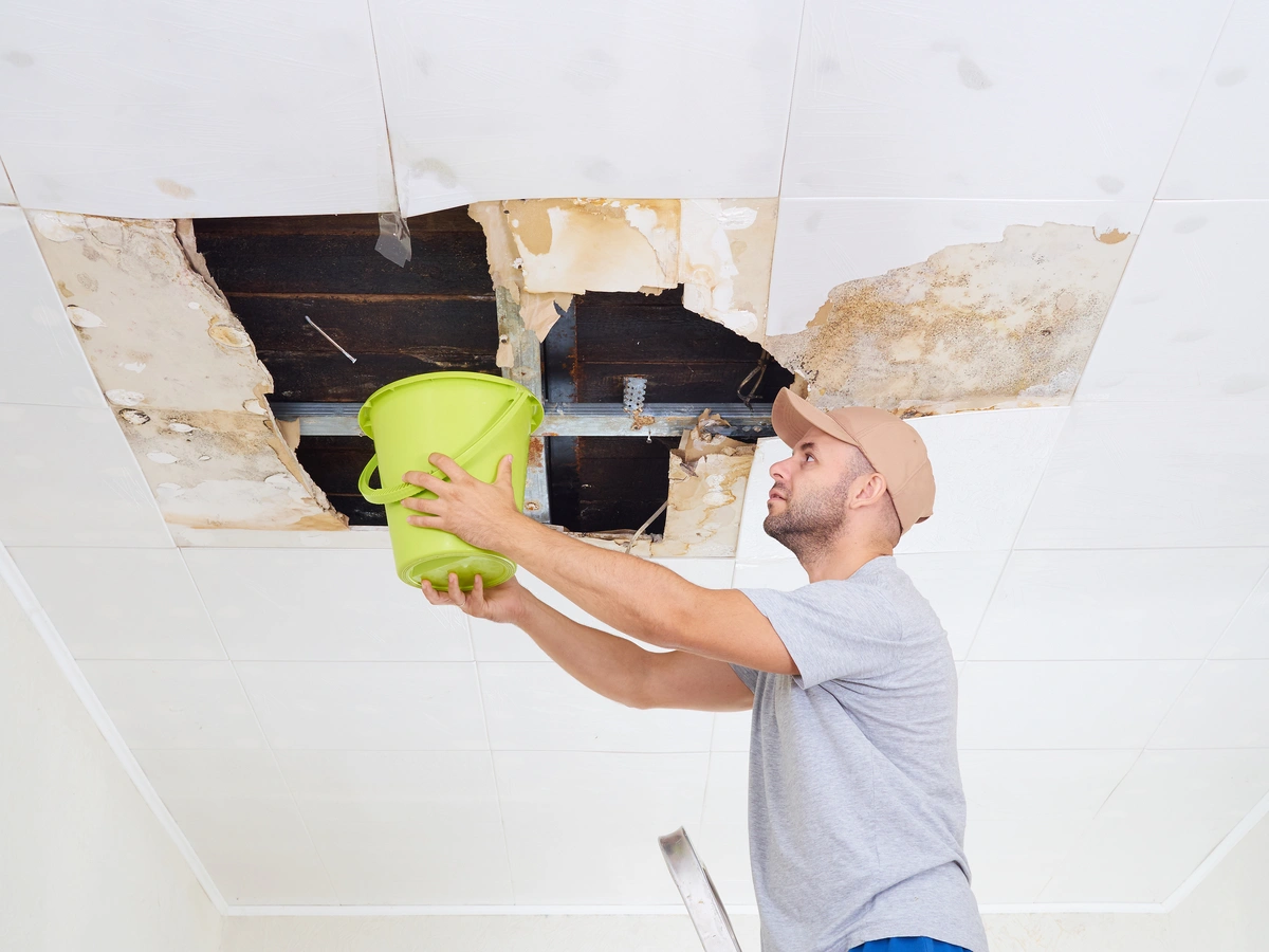 ceiling leak-man catching water leaking from exposed ceiling