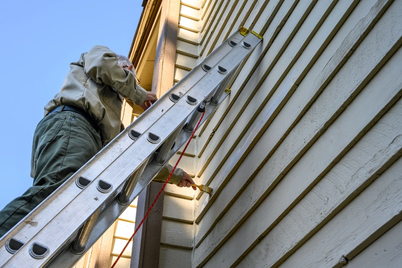 close up of roofing contractor applying fresh paint to vinyl siding materials