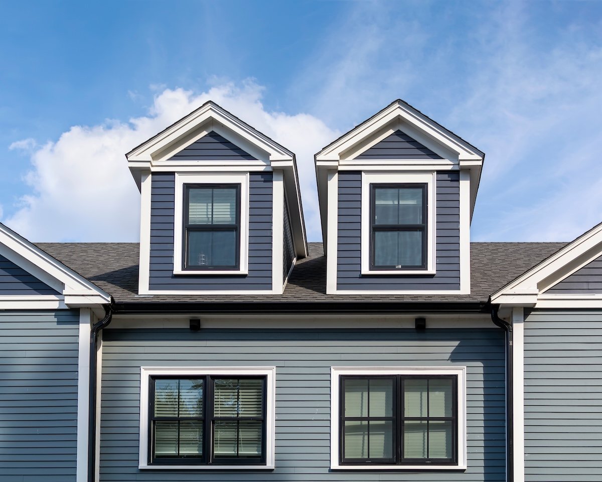 Gabled dormer windows of a duplex house, Boston, Massachusetts, USA
