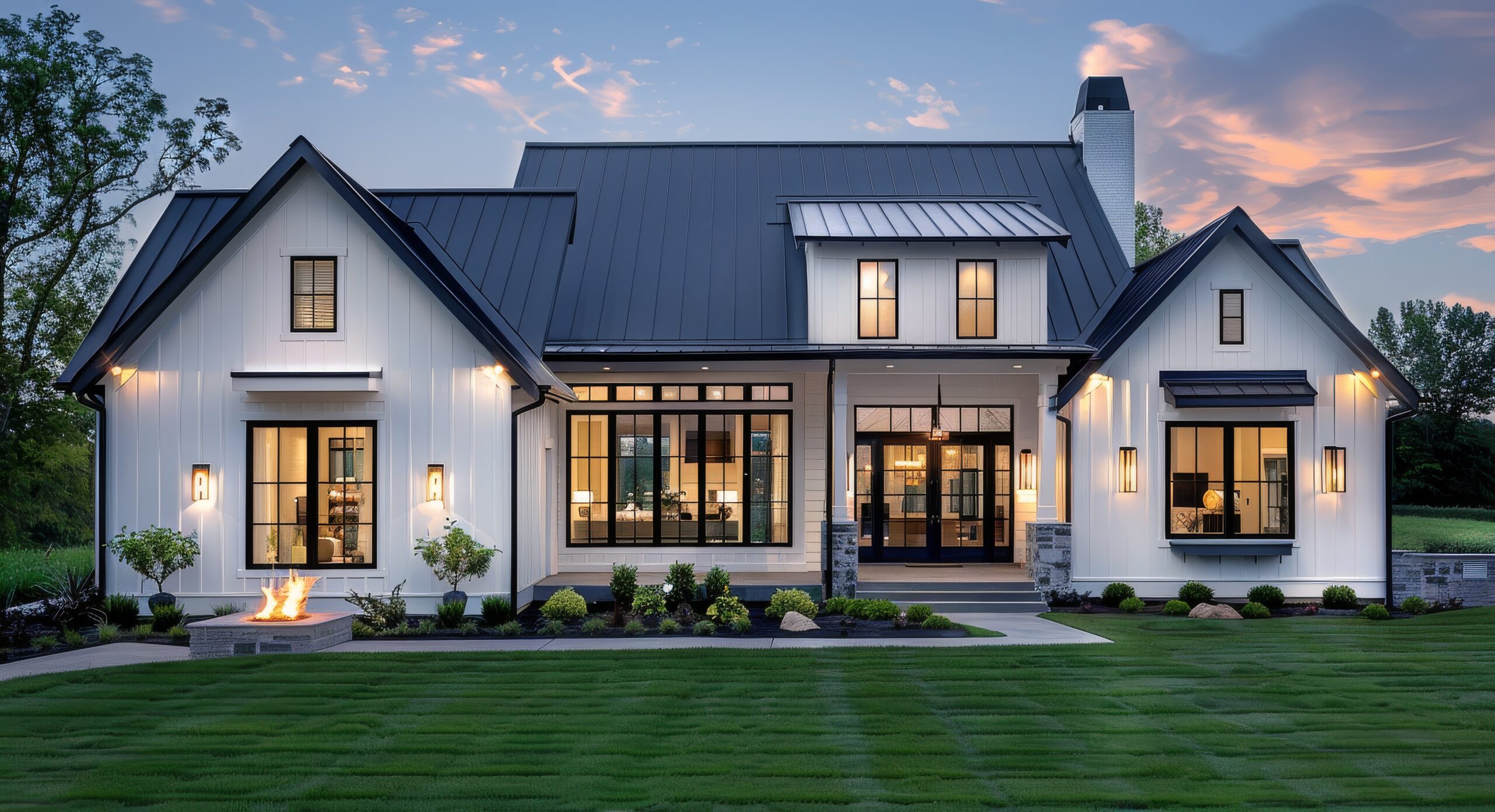 A modern farmhouse with black windows and a metal roof is lit up at dusk, showcasing its elegant design and inviting exterior. metal roof cost