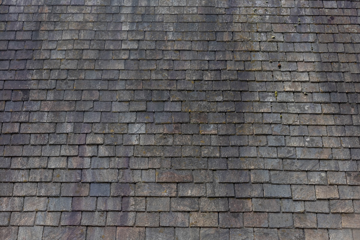 why are my roof shingles turning black Old dark brown stone tiles covered with moss and rust stain on brick roof, Shingles texture, Abstract geometric pattern background, Details of roof top material.