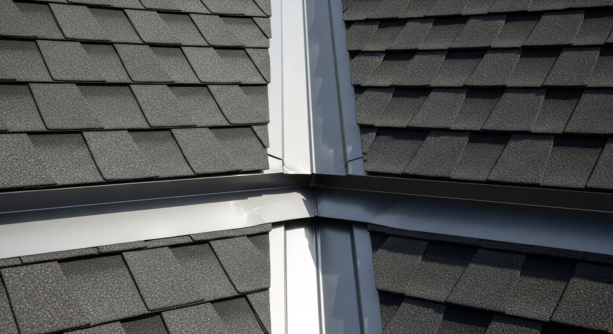Detailed View of Roof Valley Flashing and Shingles