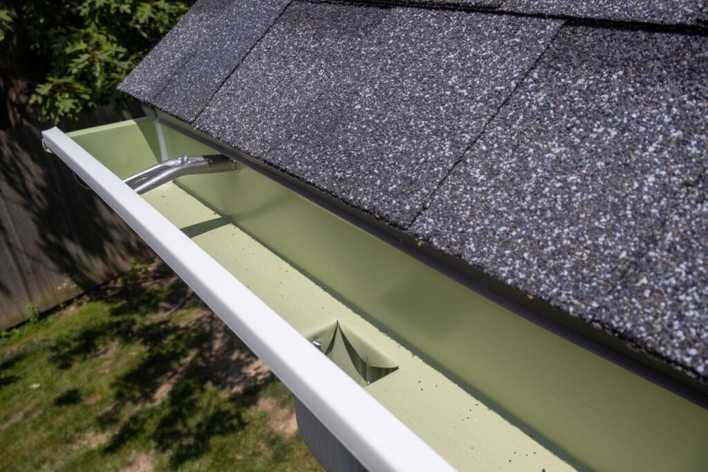 close-up of new gutters on a house