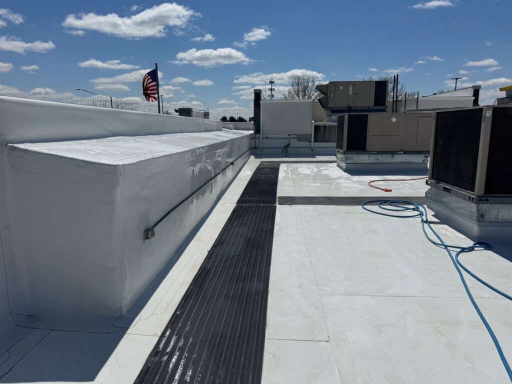 The flat roof of a commercial building