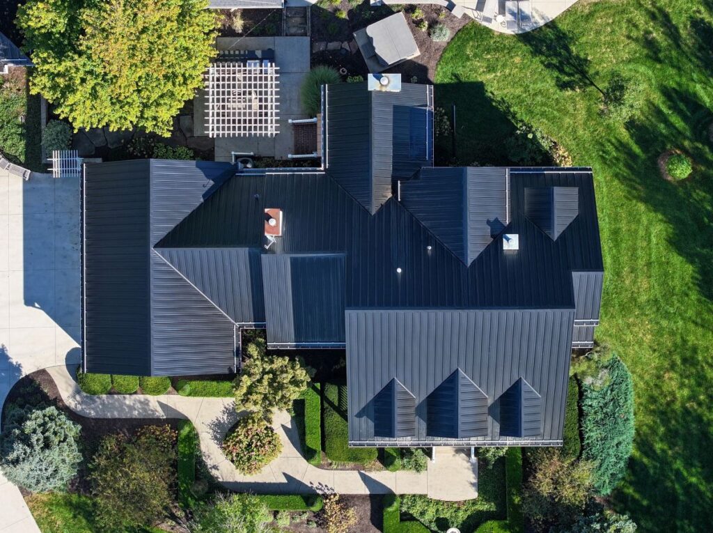 aerial view of a metal roof