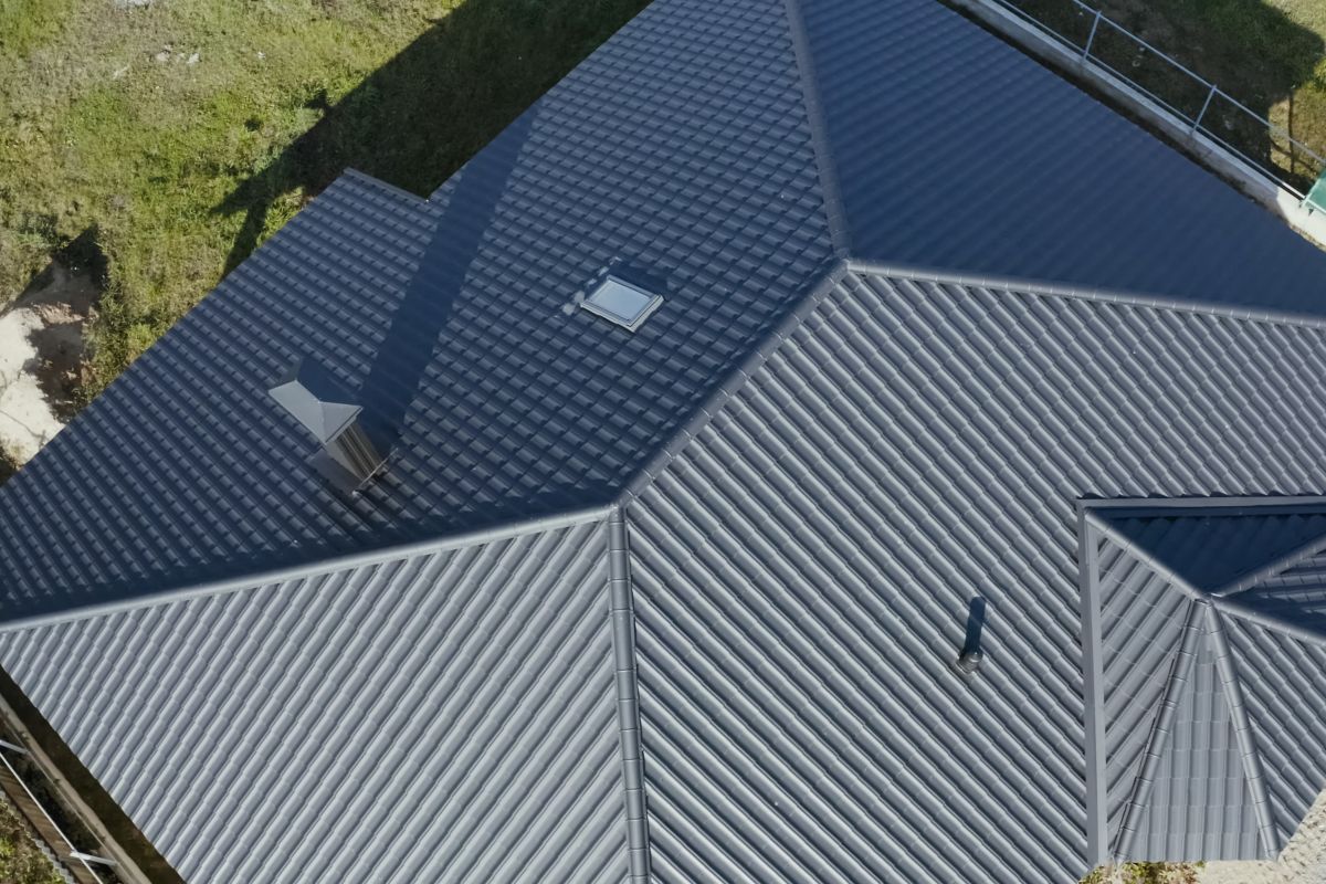 aerial view of black metal tile roof