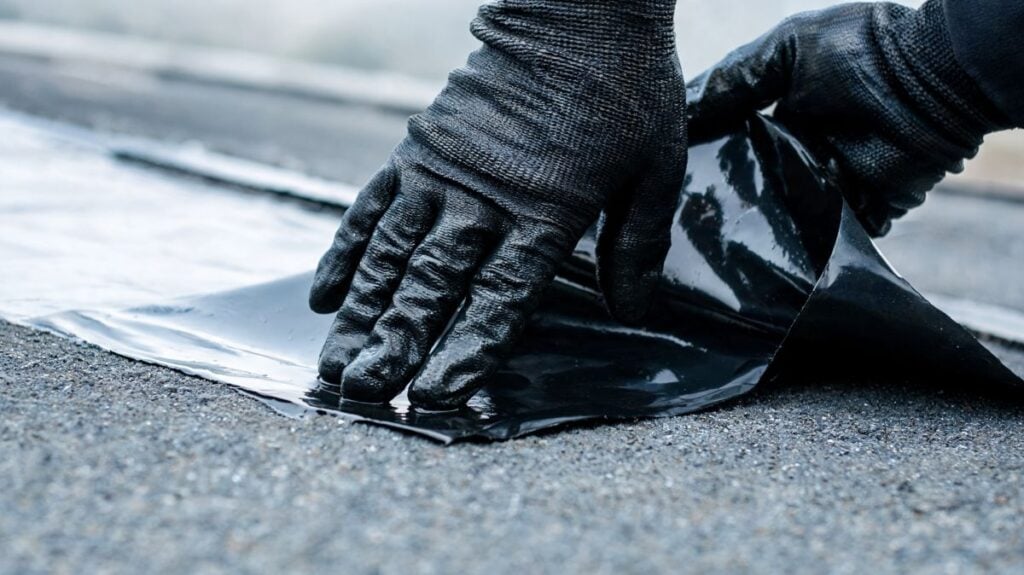 Close-up of construction worker's dark gloved hands peeling and pressing down a glossy black bitumen waterproofing membrane