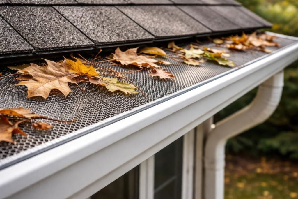 Focused capture of a residential gutter with leaf guard mesh and leaf debris