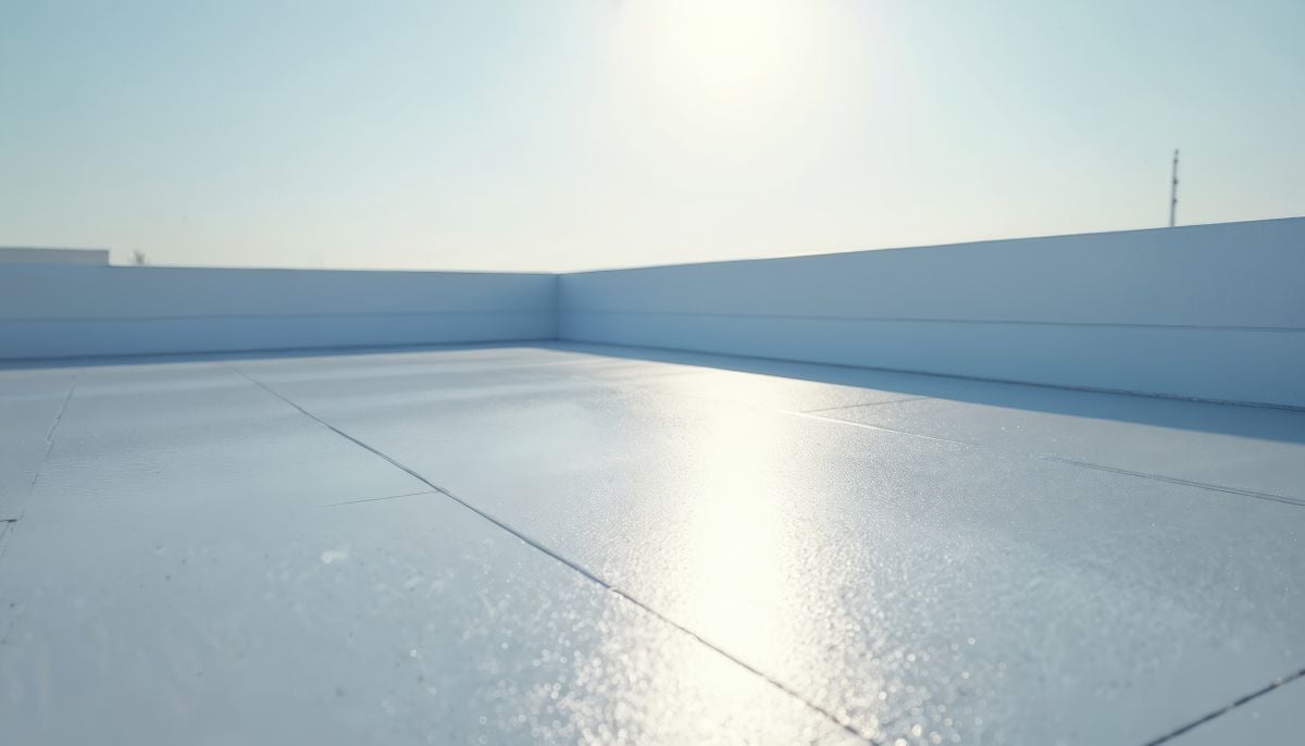 Waterproof coating applied to flat roof surface. Modern building exterior protection from moisture.