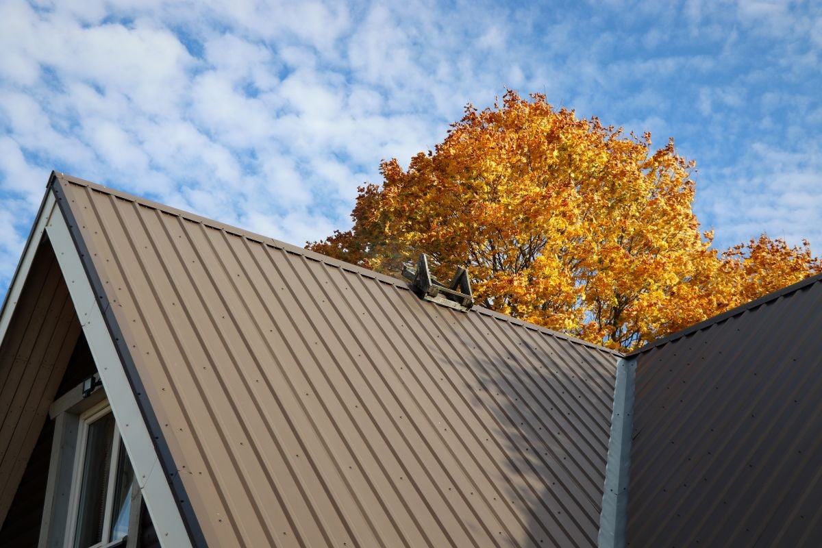 Brown metallic roof house under the autmn tree against blue sky
