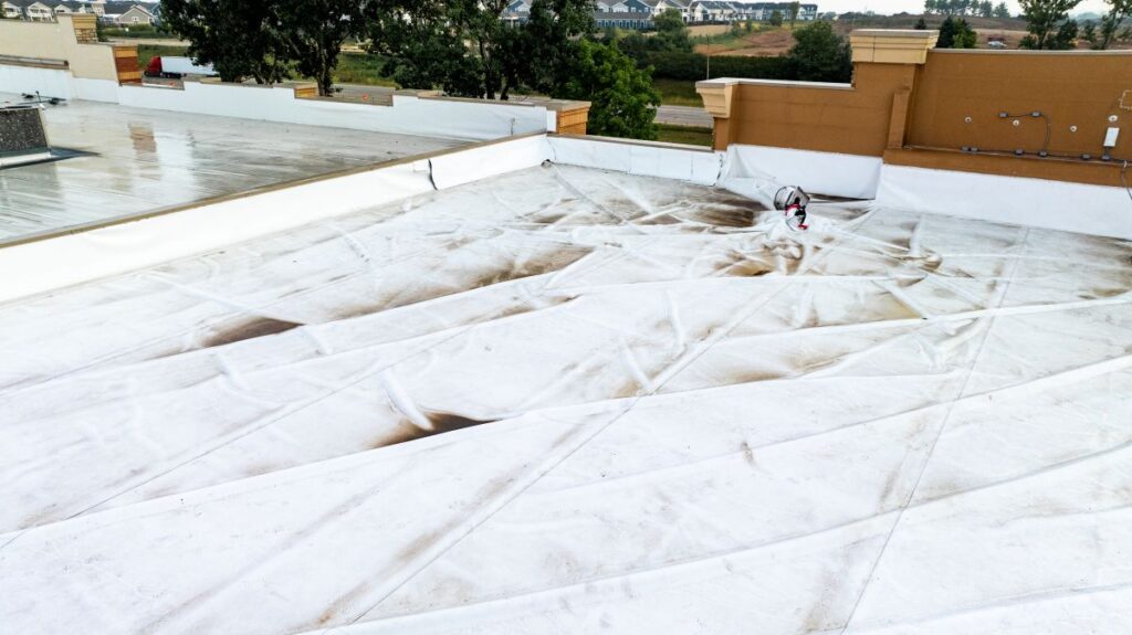 Aerial View of Commercial Flat Roof with Wrinkled and Stained White Membrane