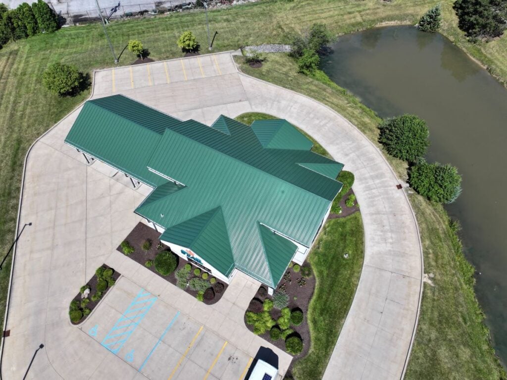 Aerial view of a green metal roof